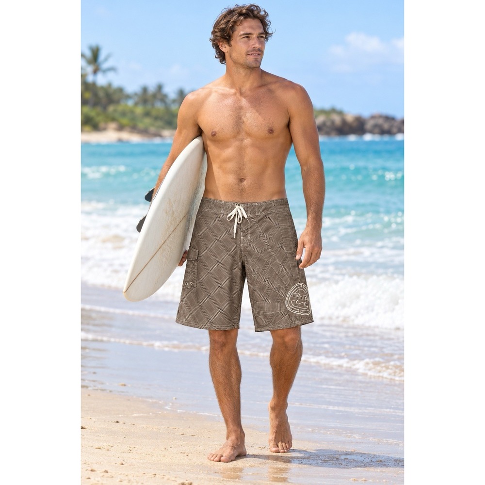 Billabong Andy Irons Rising Sun Board Shorts Mens 36 Brown Plaid Swim Trunks Y2K